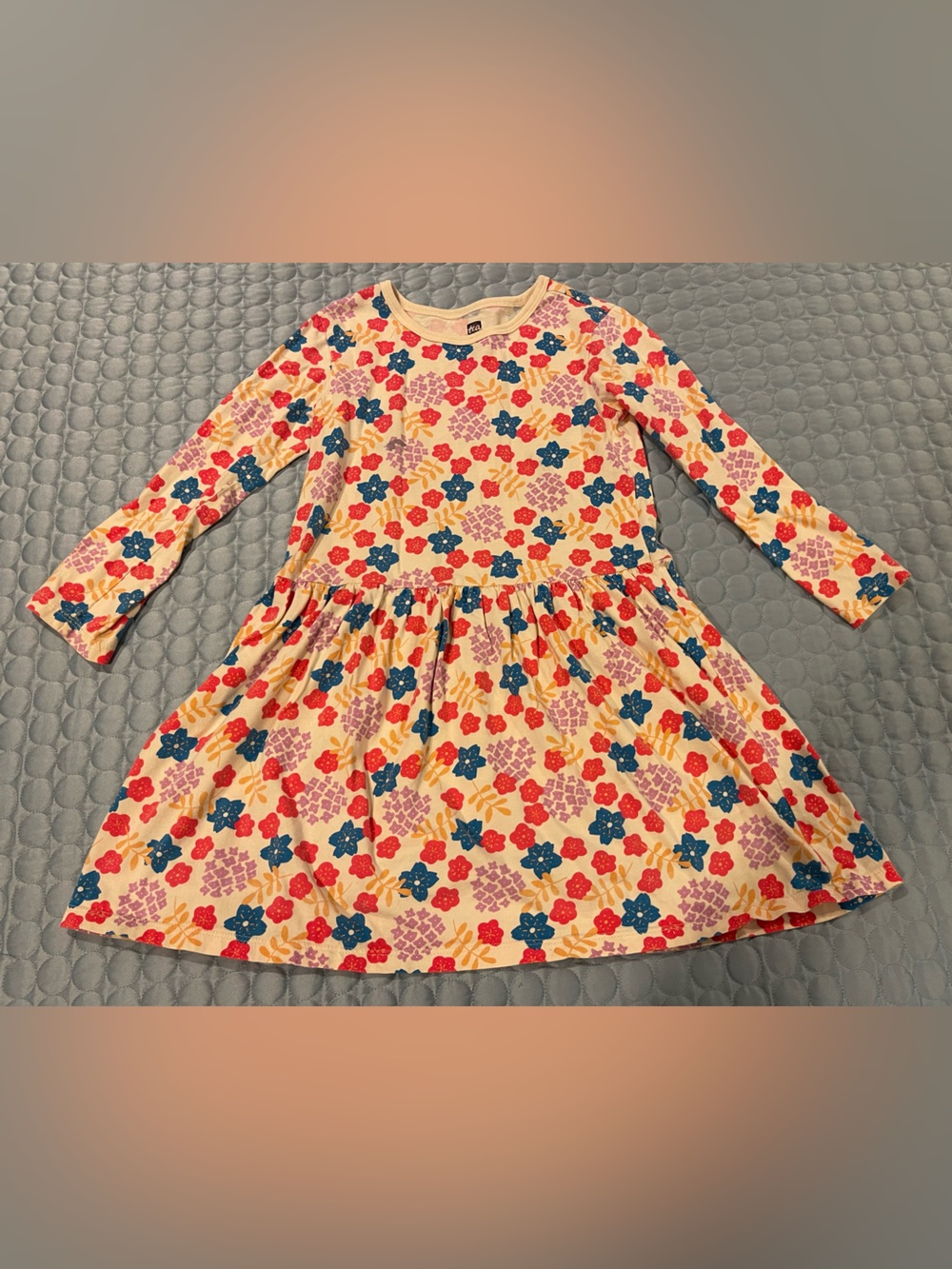 Tea Collection Cream Floral Long-Sleeve Dress Red Blue Pink Flowers Cotton Sz 6